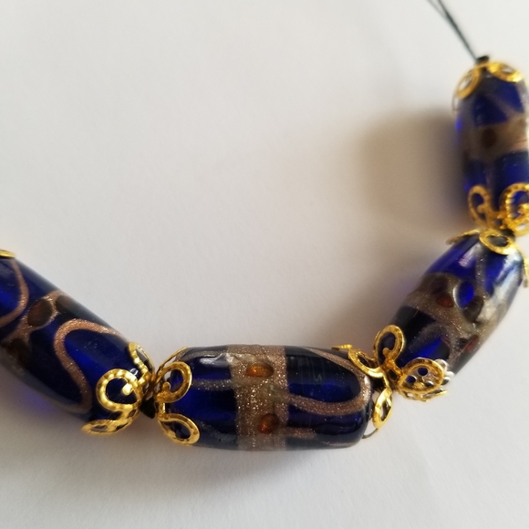 Handmade beaded bracelet cobalt blue art glass beads gold tone black cord - Picture 10 of 11